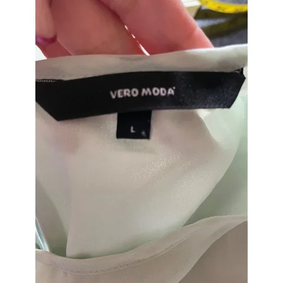 Vero Moda Pastel Midi Dress Ruffle Tiered Mint Green Lined Dress Size L - Picture 11 of 14